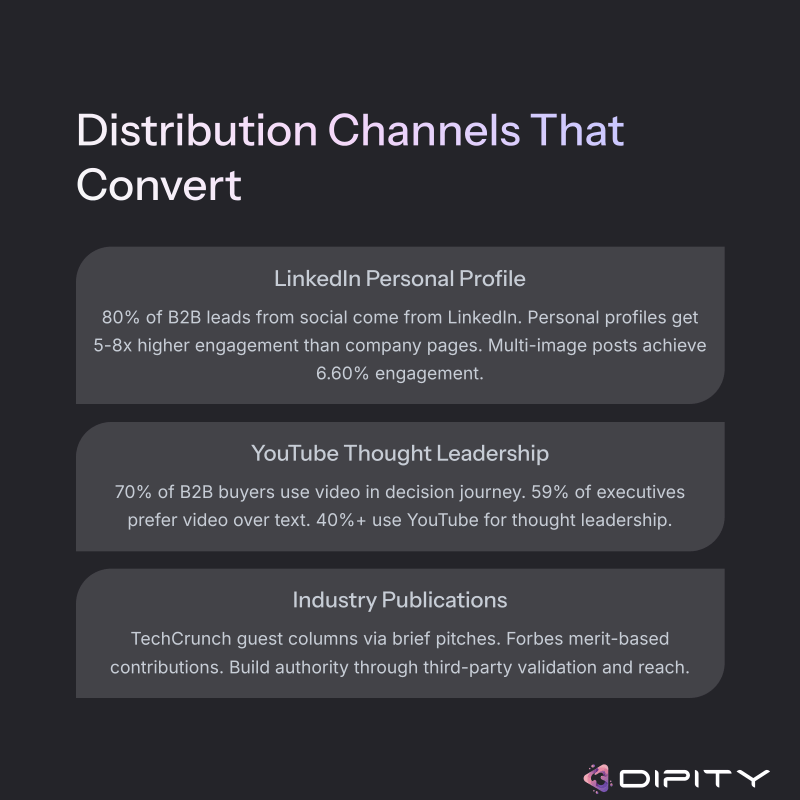 Infographic showing three B2B distribution channels that convert LinkedIn Personal Profile with 80 of B2B leads and 5 8x higher engagement YouTube Thought Leadership where 70 of buyers use video and Industry Publications like TechCrunch and Forbes for third party validation