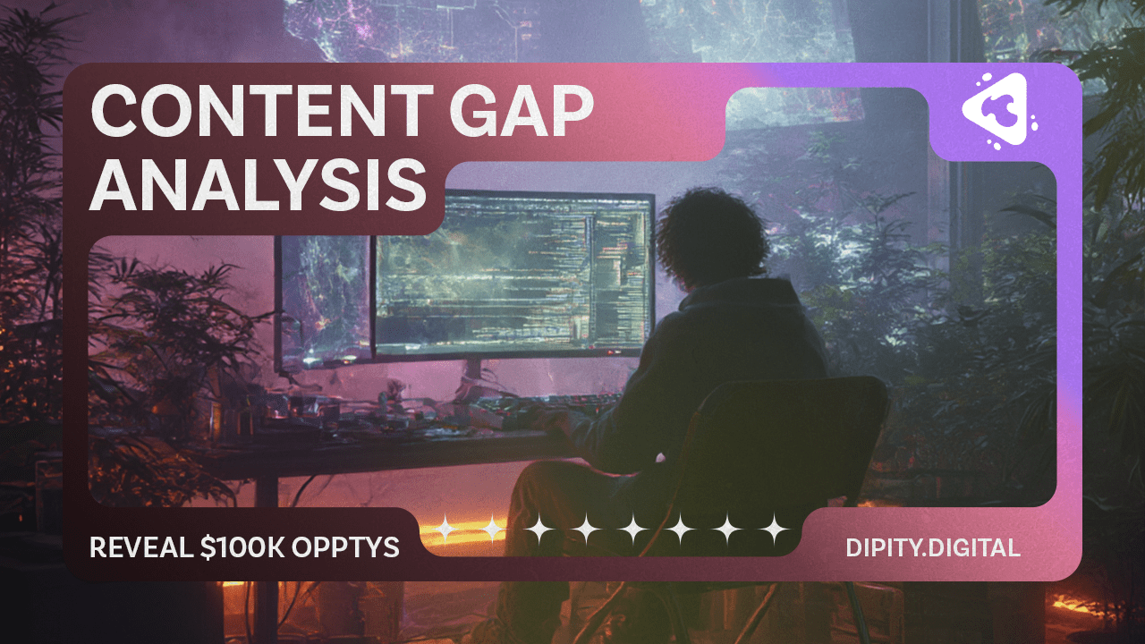 A digital marketer analyzing SEO data on a futuristic computer screen during a content gap analysis representing how startups uncover $100K+ revenue opportunities through content strategy