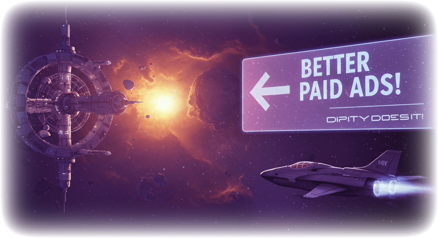 Spaceship flying past a glowing space station and digital billboard that reads Better Paid Ads Dipity Does It
