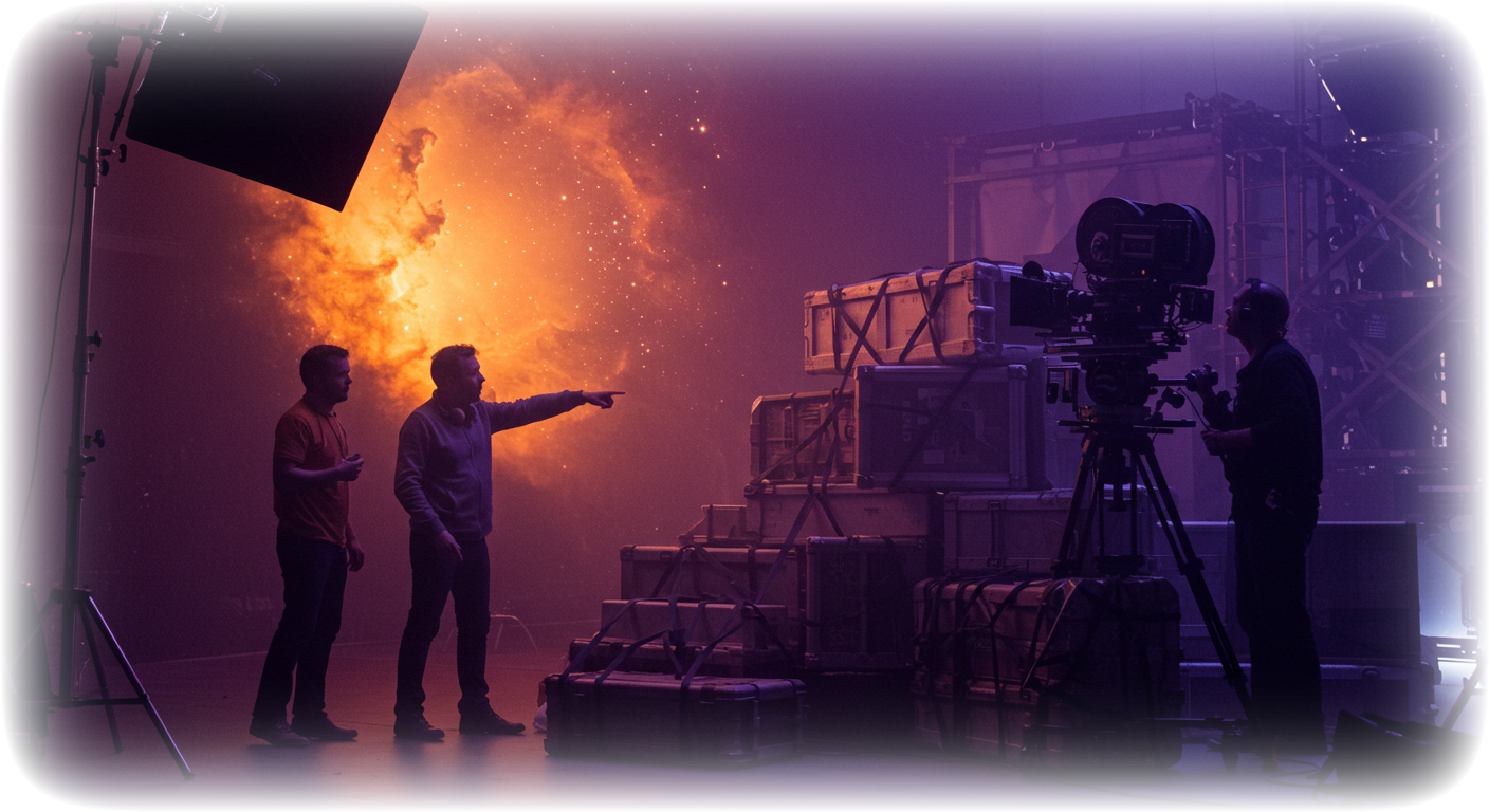 Creative team filming in a studio with dramatic lighting cinematic gear and a glowing nebula like backdrop