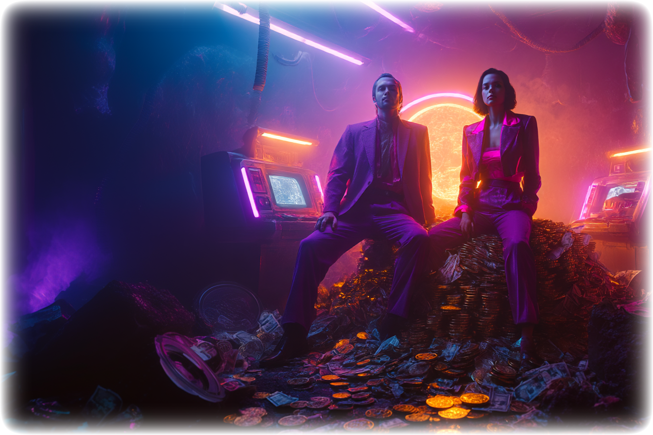 Dipitys Authority Content Engine™ Executive Led Growth service visual showing two executives in a futuristic neon setting surrounded by coins symbolizing authority driven revenue and trust
