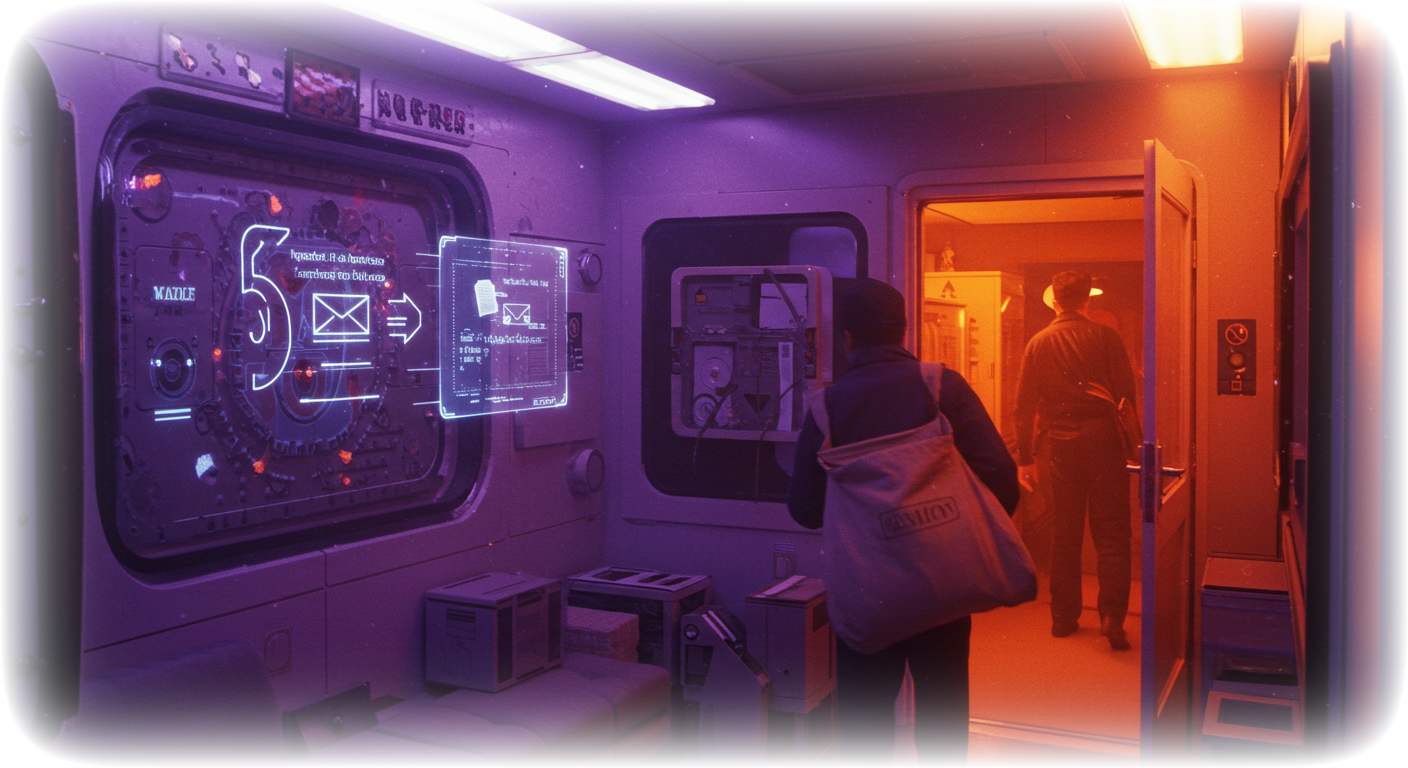 Marketer standing in a high tech hallway reviewing an email prospecting dashboard projected on the wall