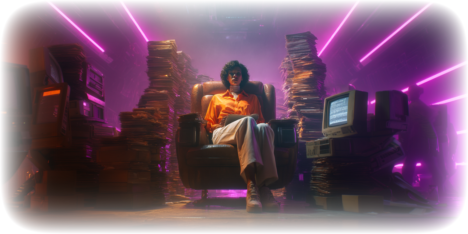 Marketing professional seated in leather chair surrounded by towering stacks of content and documents with retro computers and purple neon lighting representing the overwhelming volume of content required for modern SEO strategy