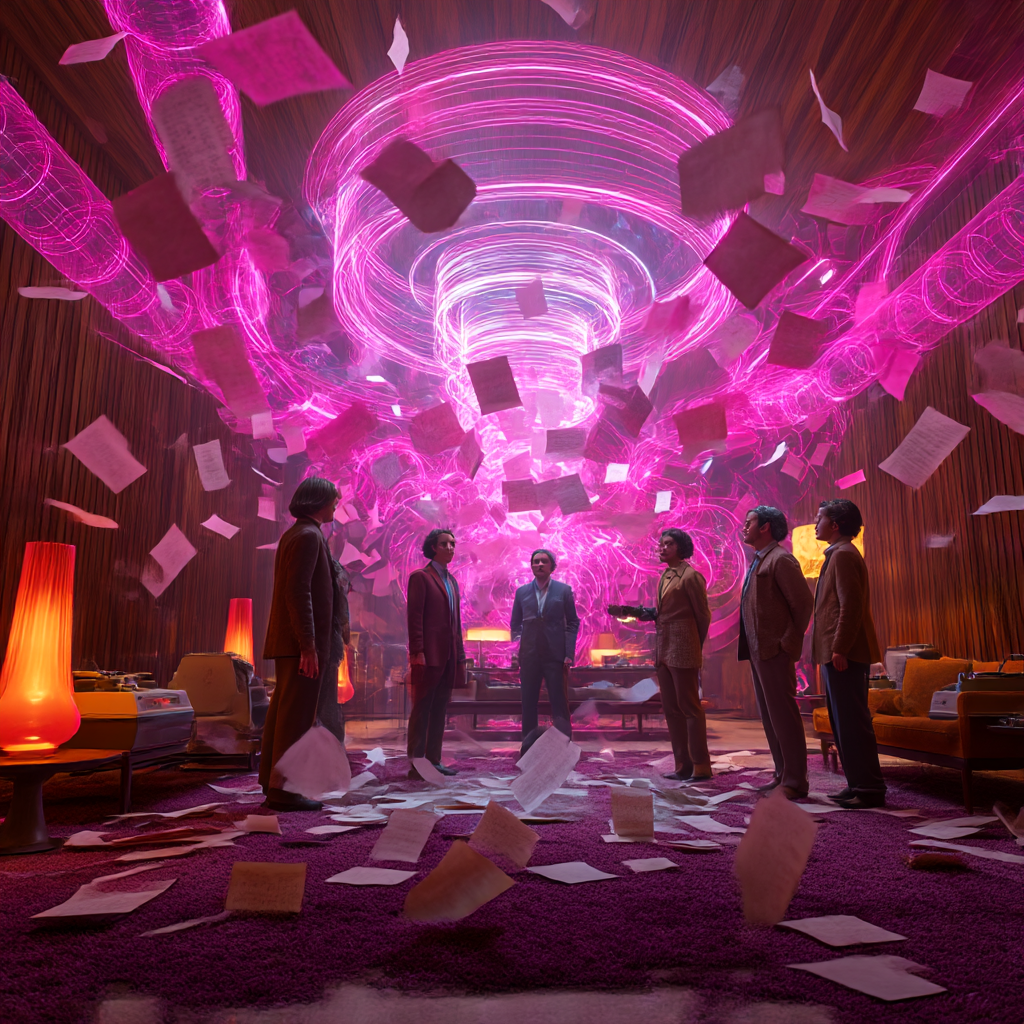 Founder surrounded by a chaotic wall of digital screens symbolizing the confusion and inefficiency of creating content without a clear strategic blueprint