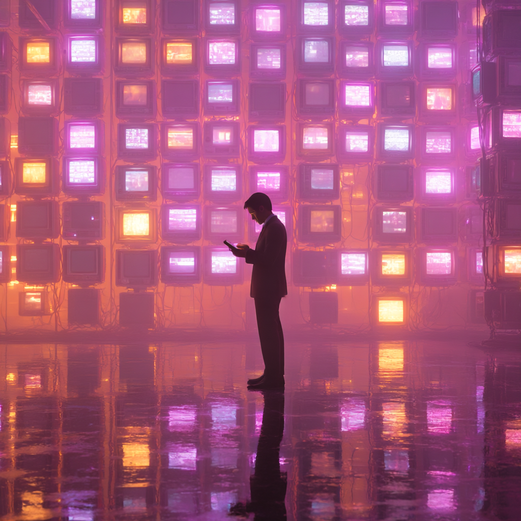 Founder standing before a vibrant wall of digital content screens symbolizing Dipitys Authority Content Engine™a full stack system for building market authority and scalable inbound growth