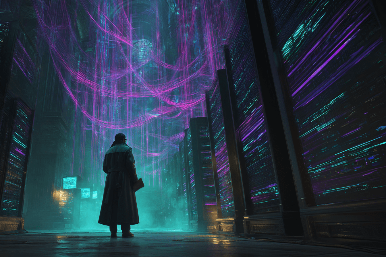 Detective studying a wall of code as data swirlsvisual metaphor for AI Answer Engines zero click results and AEO strategy in 2025