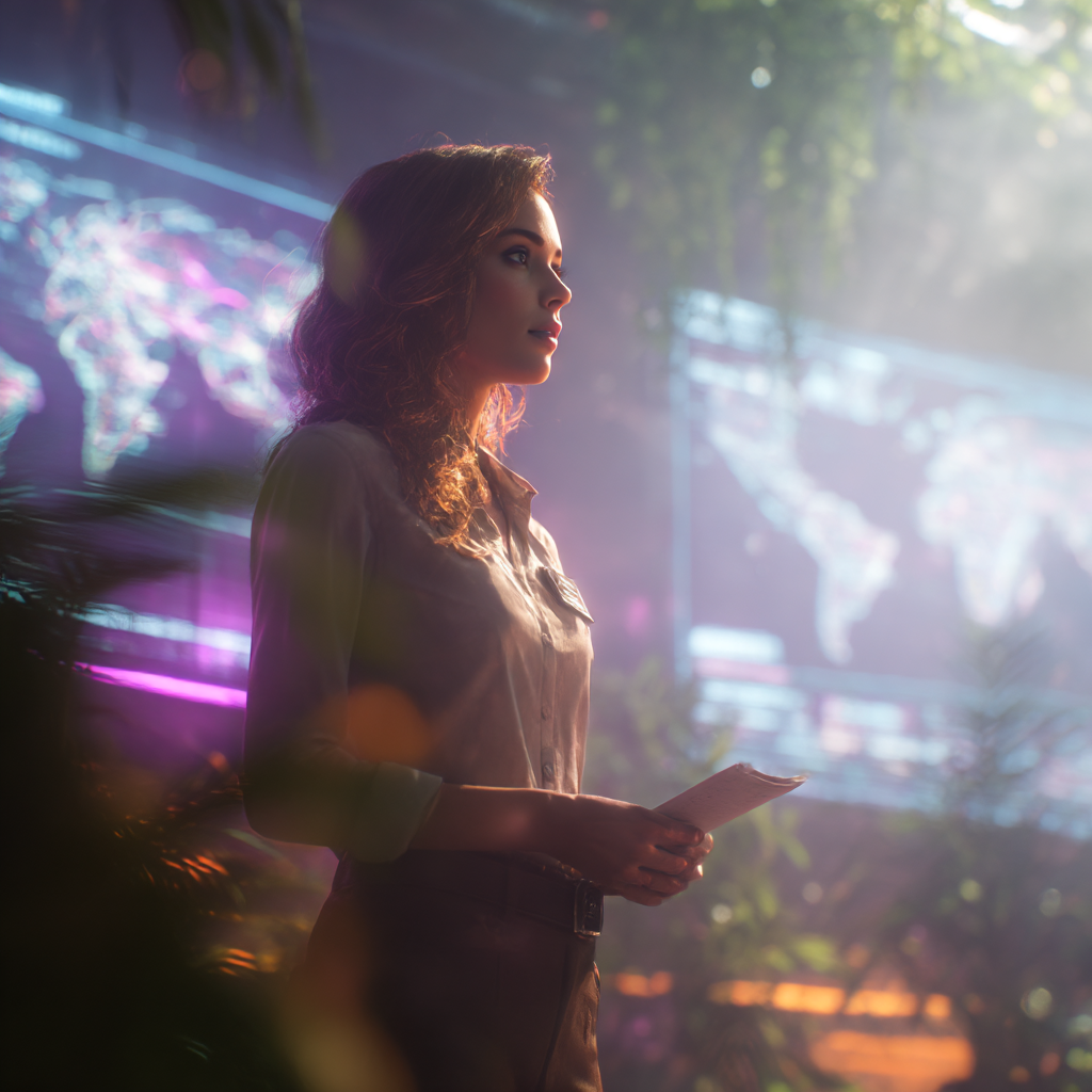 Founder standing in a digital command center surrounded by global data maps symbolizing the overwhelm and inefficiency of unstructured content strategies