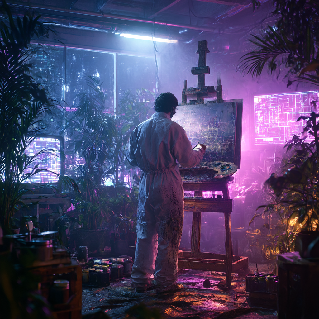 Designer crafting a visual brand identity on a digital canvas in a neon lit creative studio symbolizing founder authentic branding and consistent visual systems