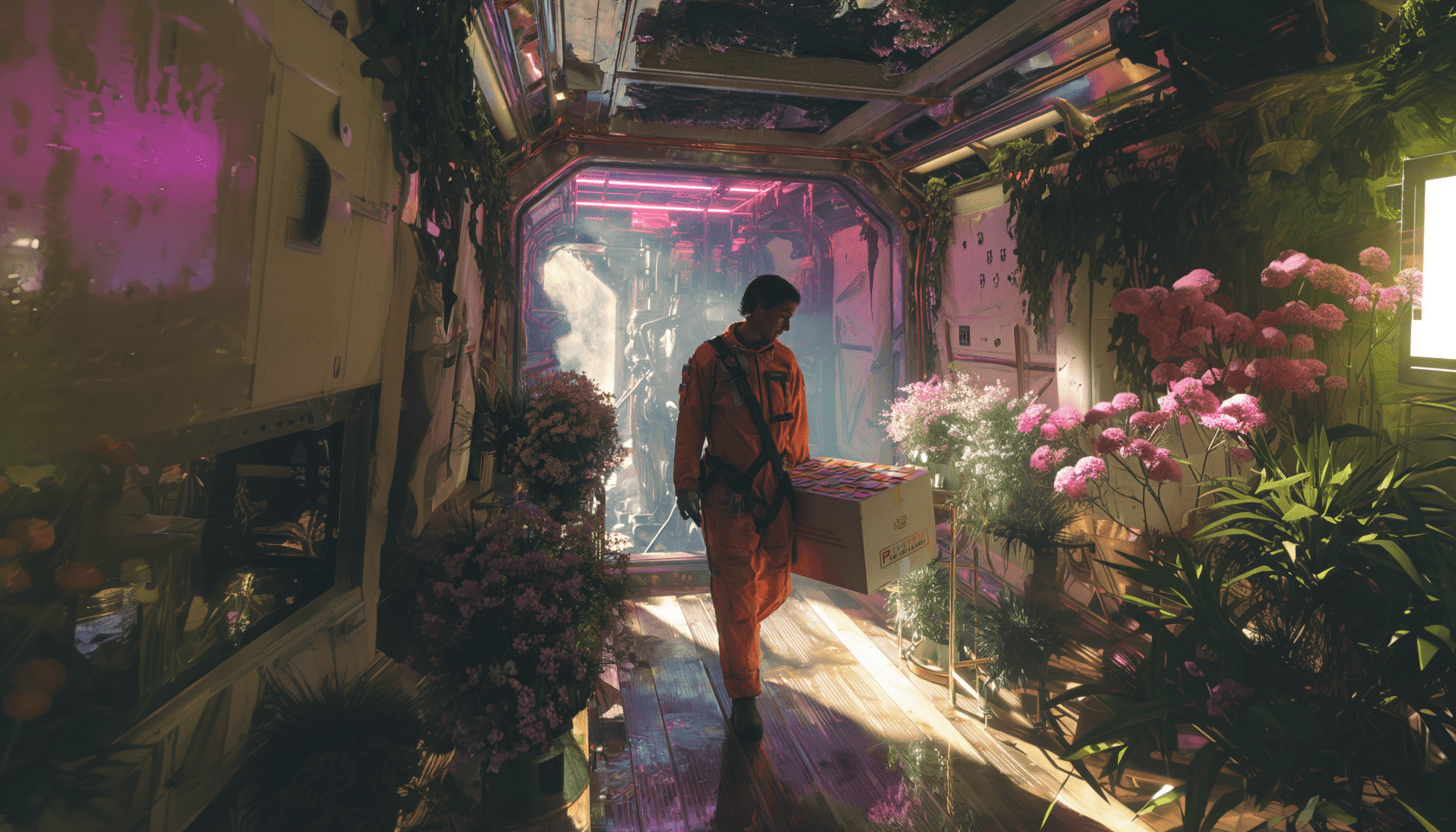 A person in an orange jumpsuit carrying a large delivery box through a futuristic hallway filled with flowers and plants symbolizing the precision and personalization of AI powered email marketing