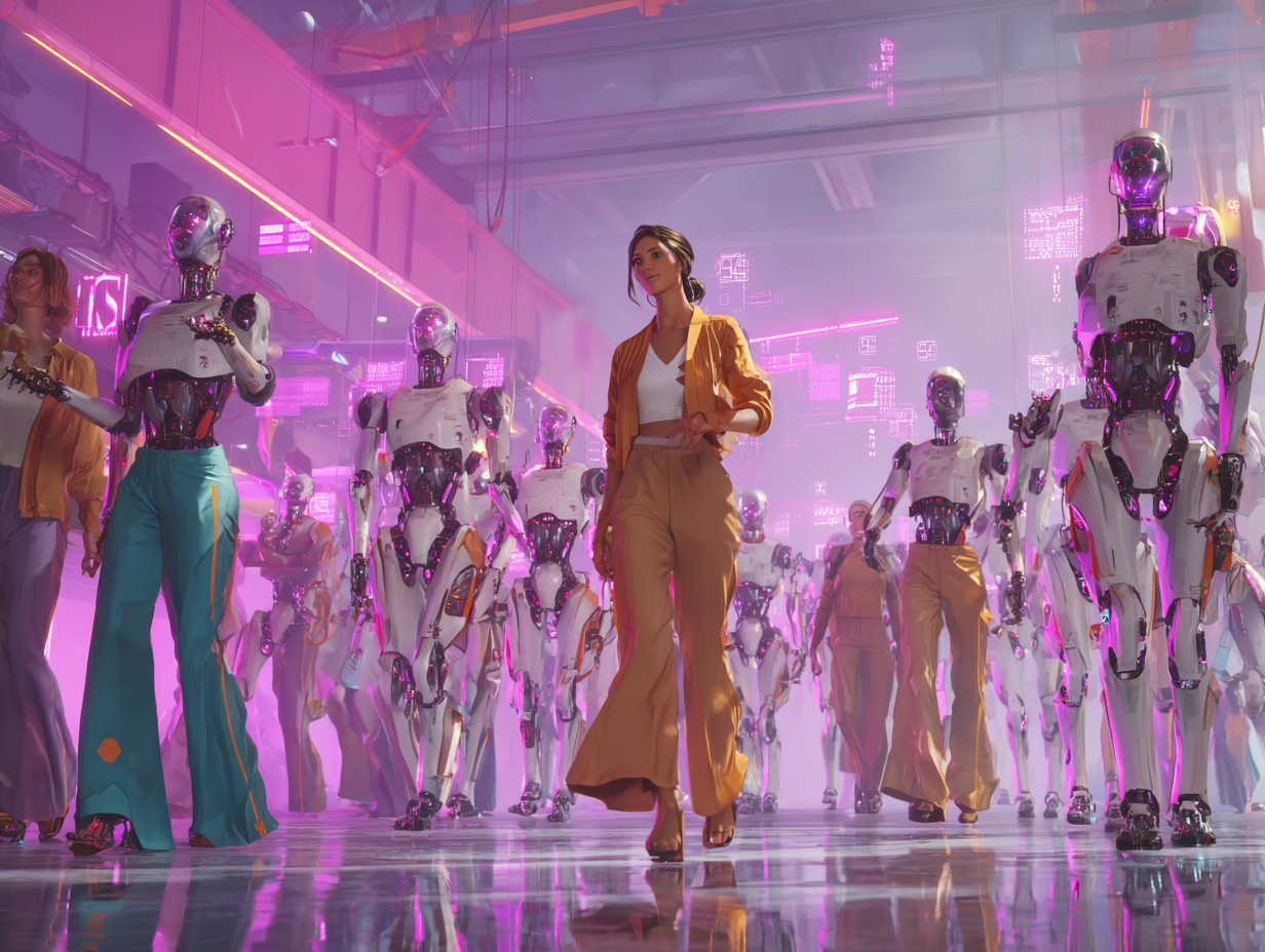 A startup CMO walks through a futuristic industrial hangar as humanoid AI units come online guided by SaaS marketing team members operating floating holographic control panels