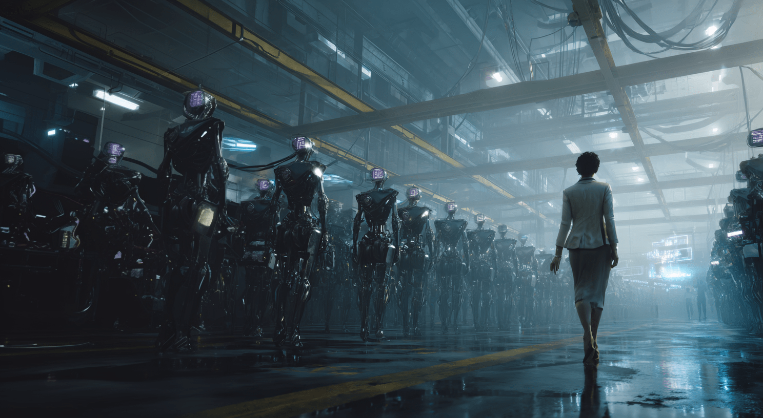 A lone executive walks through a futuristic facility of identical AI robots symbolizing the impersonal scale and hidden risks of SaaS marketing automation