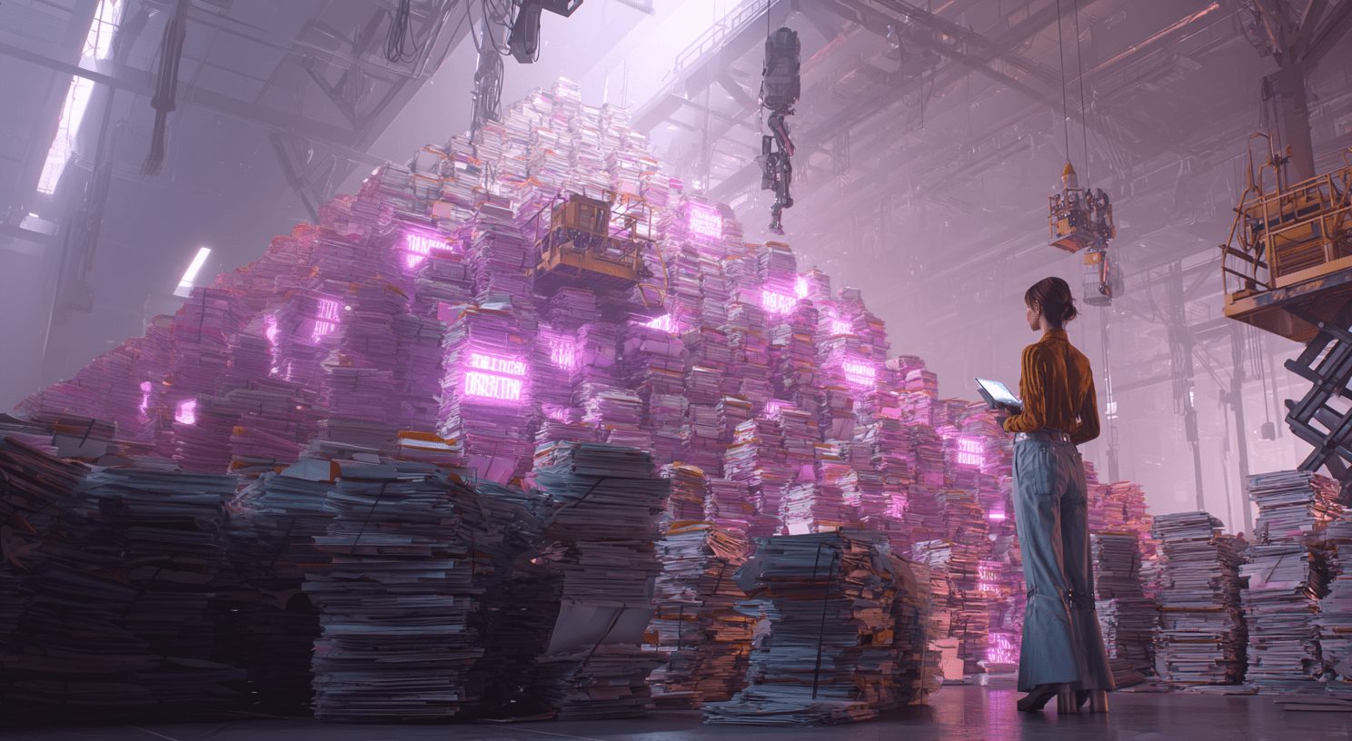 Startup CMO observes AI robots building a pyramid made of paperwork and folders in a futuristic industrial hangar representing strategic marketing operations