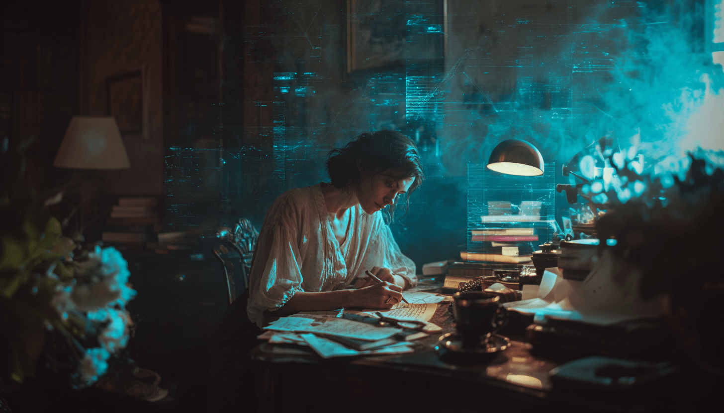 Photorealistic image of a female SaaS founder writing at a cluttered desk surrounded by handwritten notes with holographic data panels behind hersymbolizing trust building content creation in the tech industry