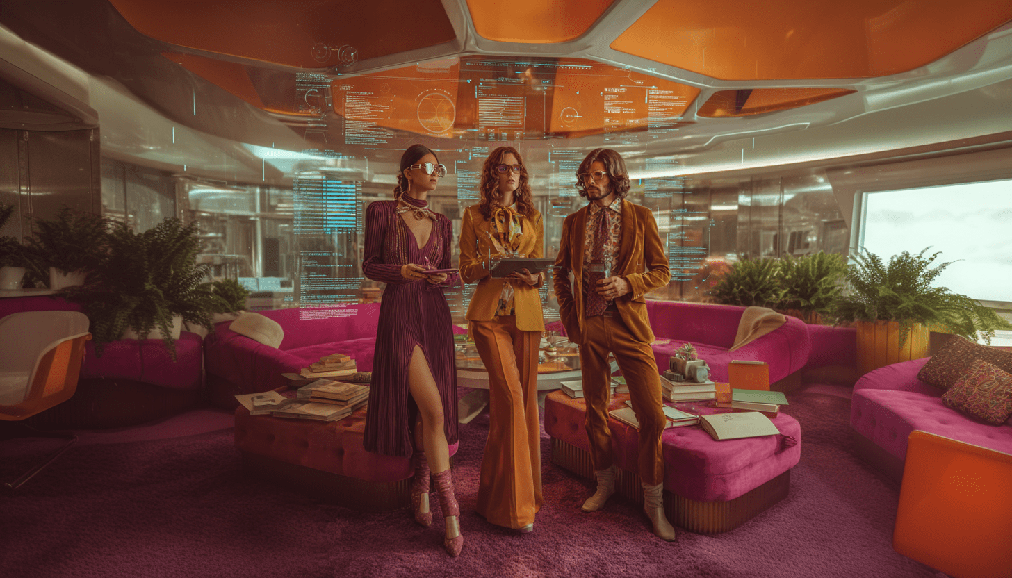 Three retro futuristic SaaS marketing strategiststwo women and one manin 1970s inspired fashion collaborate around a digital holographic board in a conference room filled with shag rugs bright furniture and levitating dashboards displaying live marketing data