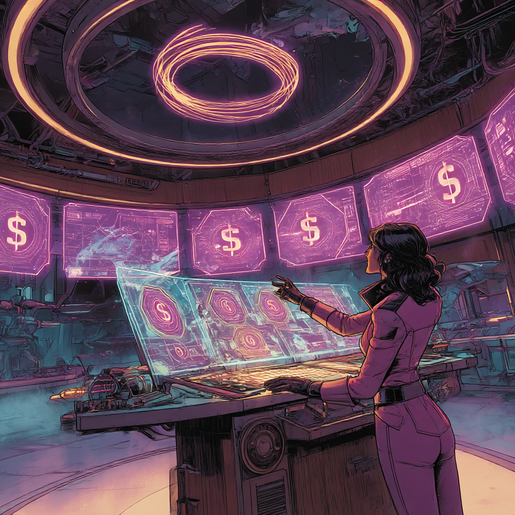 Futuristic holographic workspace with pink and purple AI data visualizations showing global infrastructure and capital flow mapping for AI startups