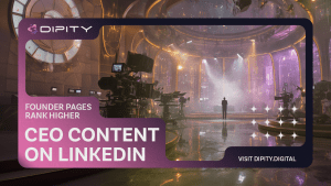 CEO Content on LinkedIn How Executive Voices Drive Brand Growth | Dipity Digital | The Authority Content Engine™ | Dipity Video thumbnail for CEO Content on LinkedIn by Dipity featuring a cinematic scene of a CEO figure standing in a grand light filled hall with the overlay text Engage Build Gain Voice