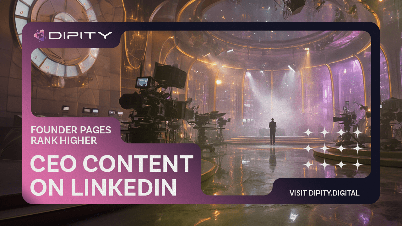 Video thumbnail for CEO Content on LinkedIn by Dipity featuring a cinematic scene of a CEO figure standing in a grand light filled hall with the overlay text Engage Build Gain Voice