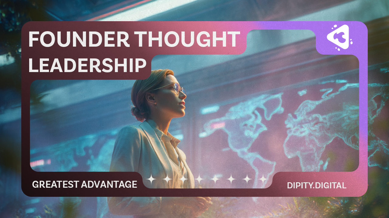 A founder standing in a futuristic workspace looking at a glowing digital world map screen that represents global influence and thought leadership